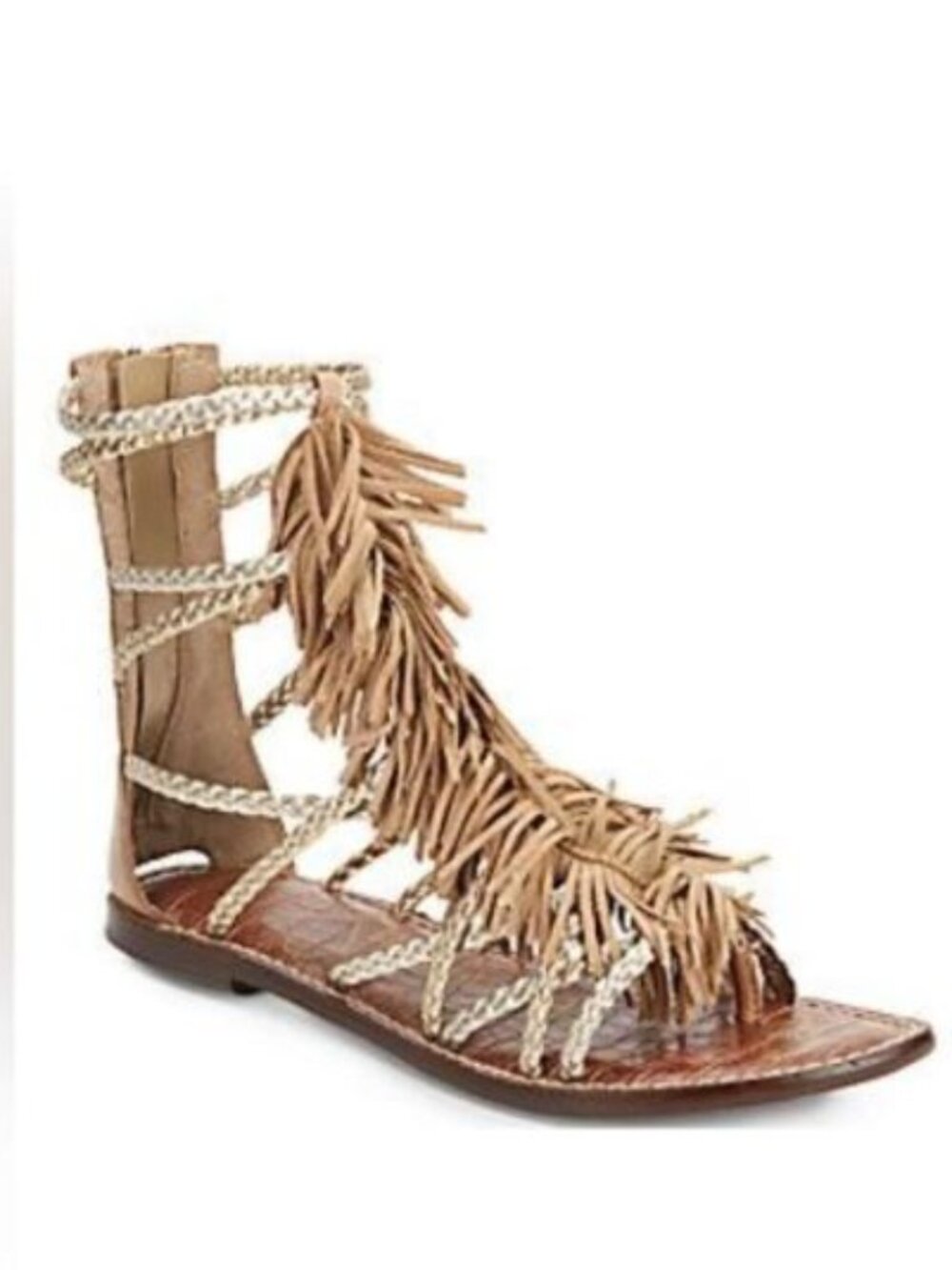Sam Edelman Gisela Fringed Nude Leather Metallic Gladiator Sandals Retail $125